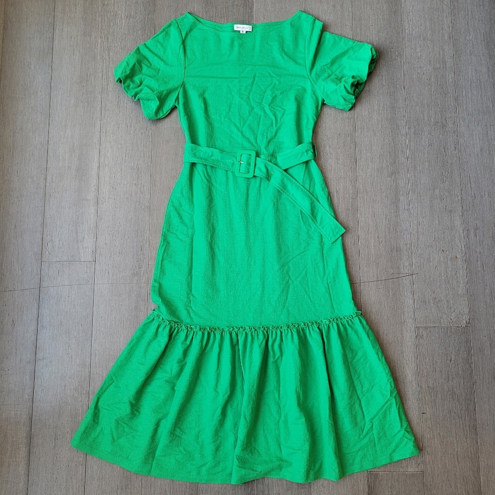 Warehouse Vibrant Green Gathered Flare Poof Sleeve Belted Dress